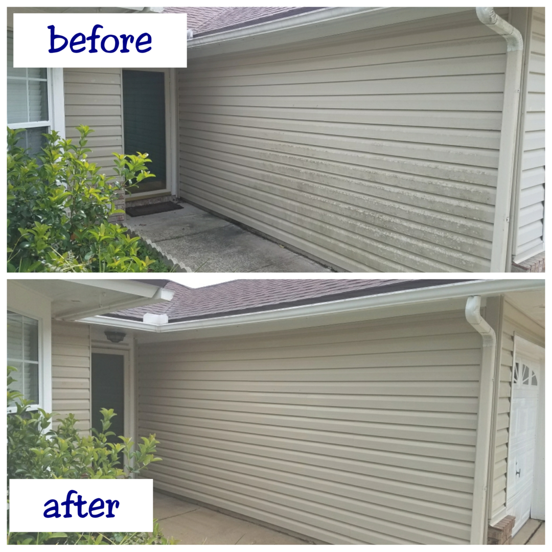 Before after image after pressure washing garage walls