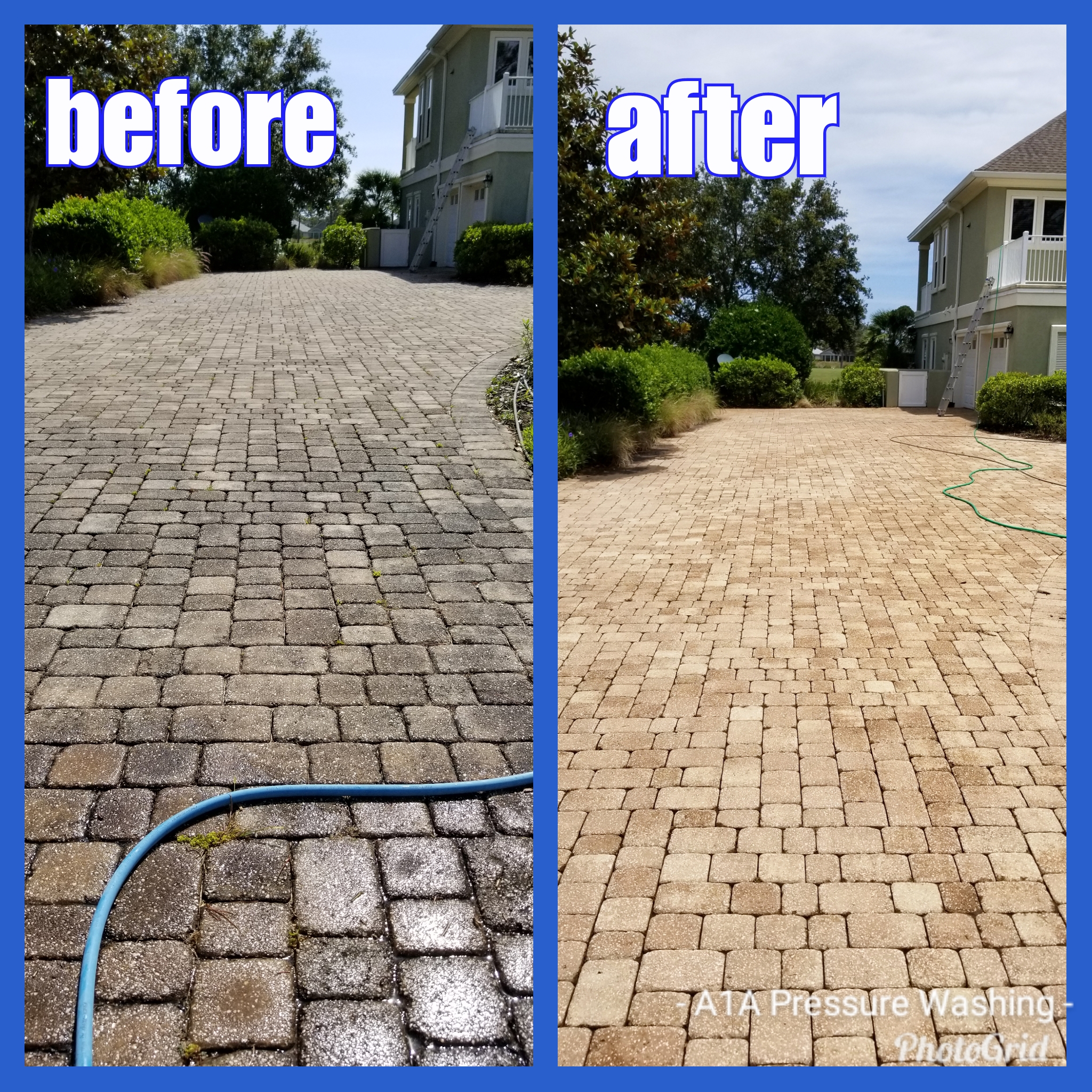 pressure washing before and after comparison of paver driveway