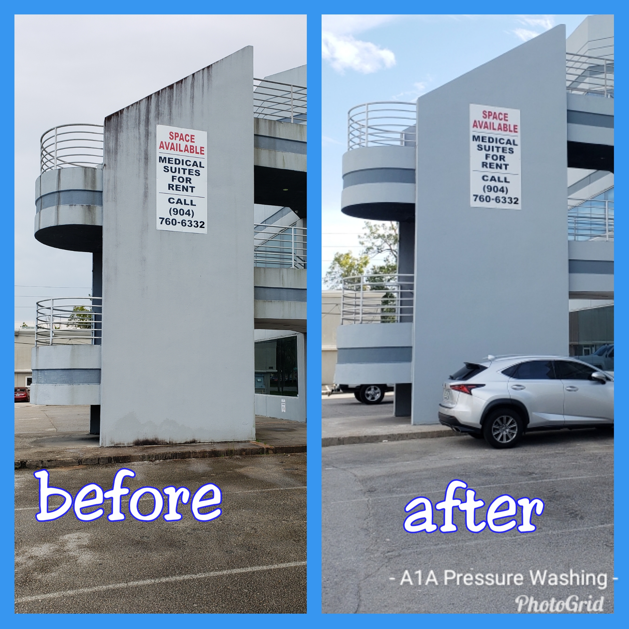 Commercial parking Garage before and after pressure washing.