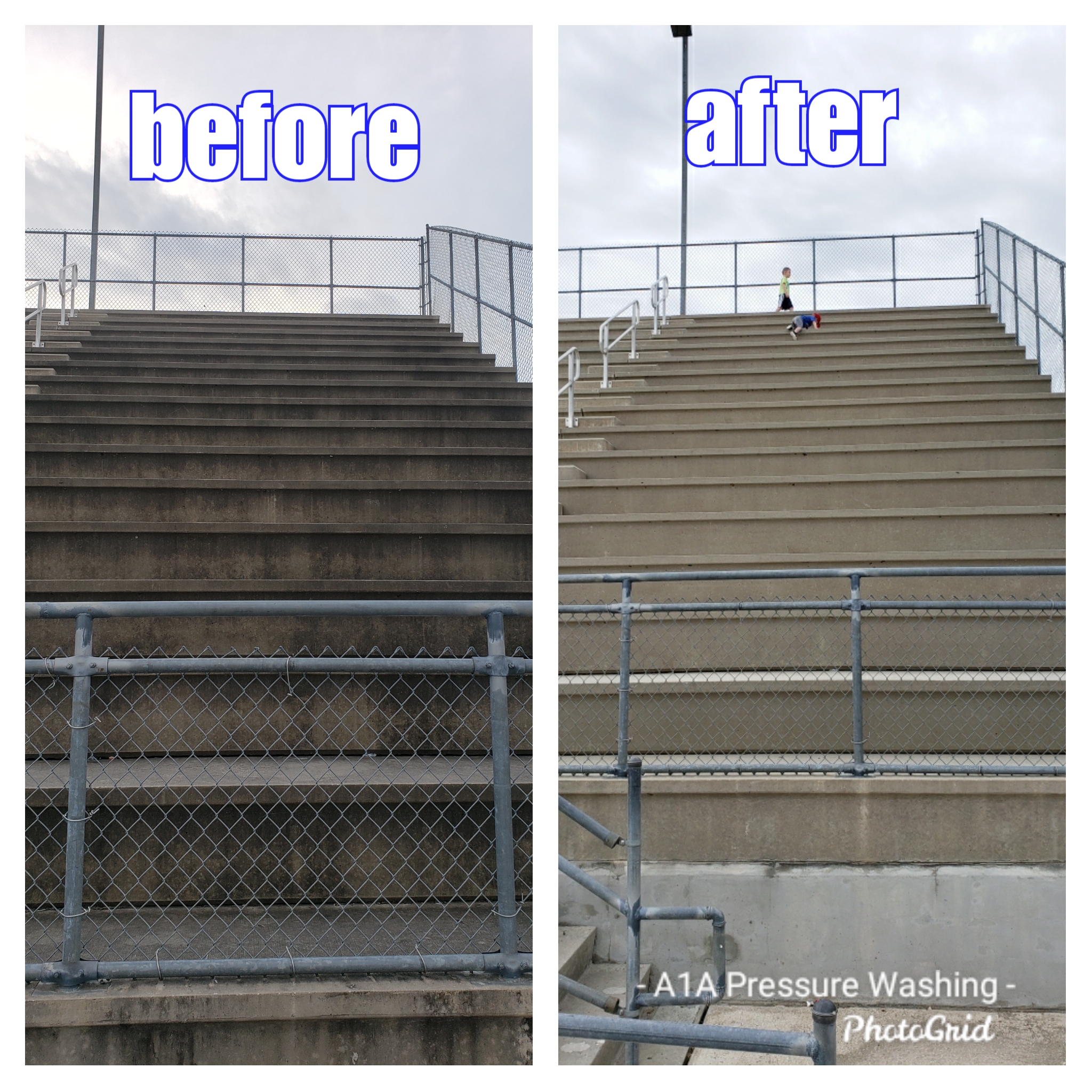Home 15 School bleachers before and after pressure washing. St. Augustine, Florida